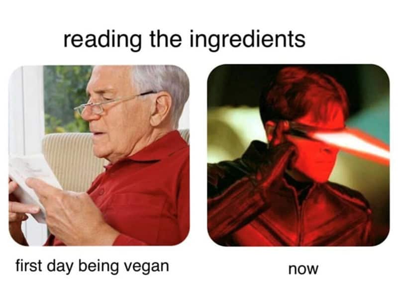 Reading ingredients, from first day being vegan to now, with elderly man and young person with laser.