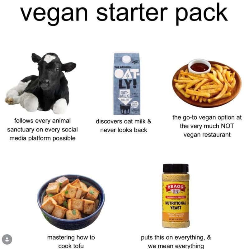 Vegan starter pack with cow, oat milk, fries, tofu, and nutritional yeast.
