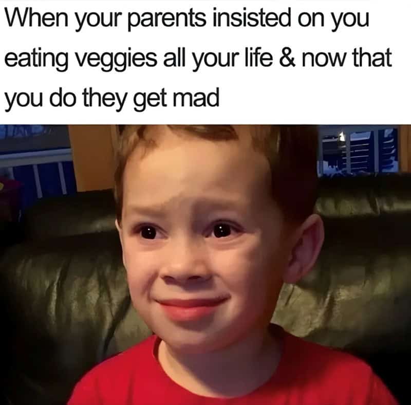 Child with a sad expression, caption about parents' reactions to eating veggies.