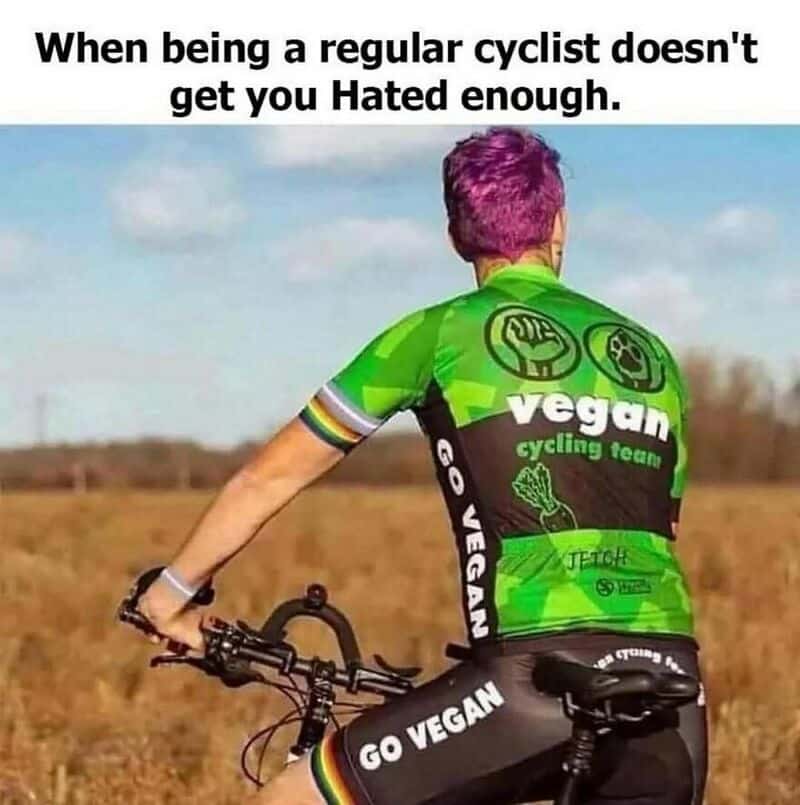 Cyclist with purple hair in green vegan cycling jersey riding bike in open field.