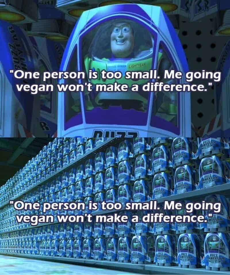 Quote from Toy Story: 'One person is too small. Me going vegan won't make a difference.'.