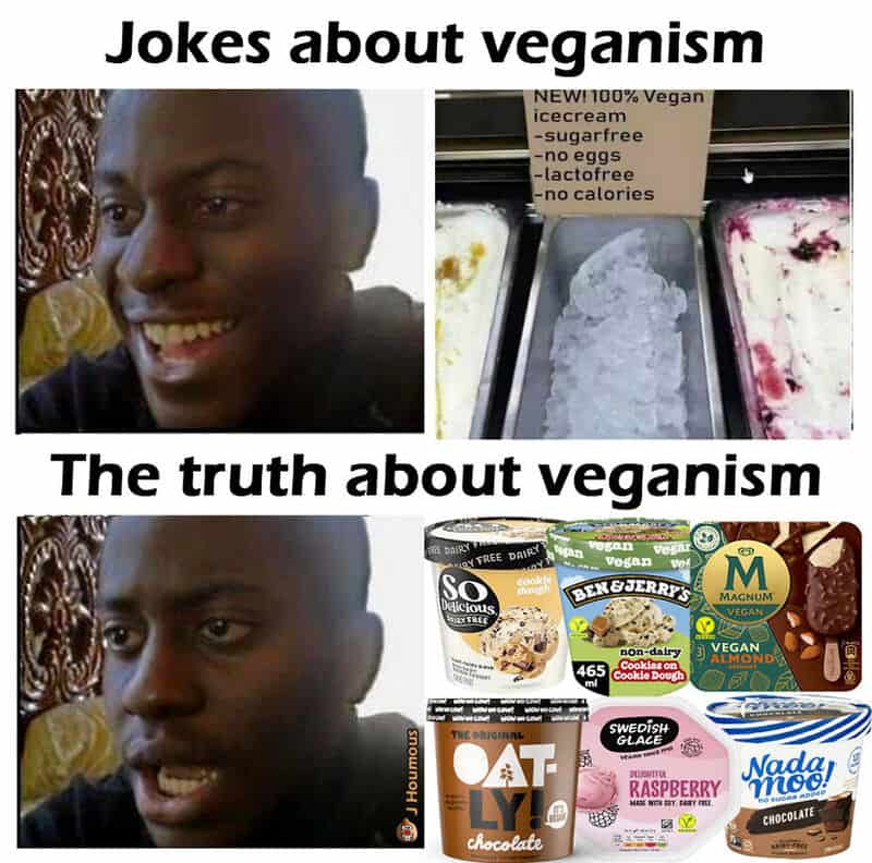 Comparison of jokes about veganism and the truth with vegan ice cream and products.