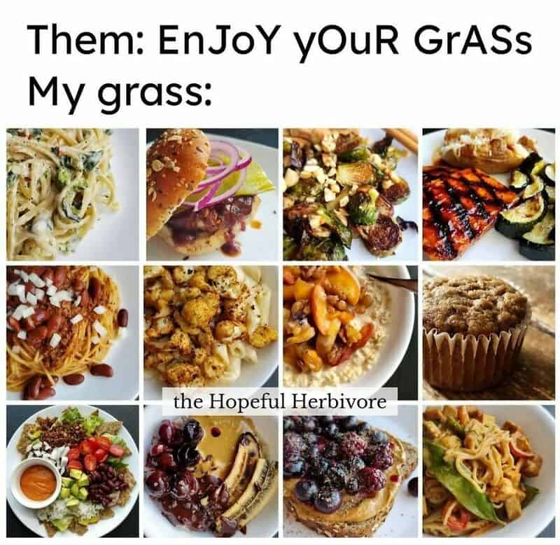 Collage of various foods with humorous text about grass and herbivore.
