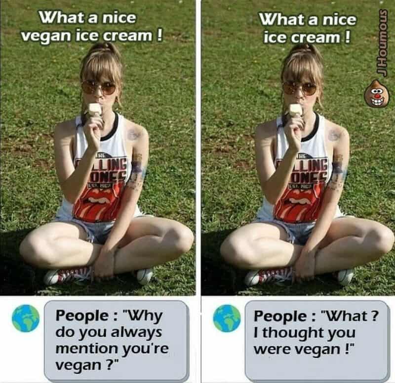 Young woman with sunglasses eating vegan ice cream on grass, with humorous text and cartoon emoji.