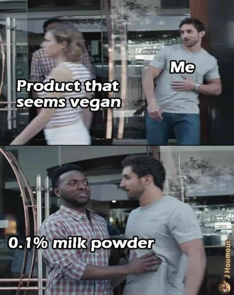 Meme showing a man labeled 'Me' looking at a woman and a man with text about vegan products and milk.