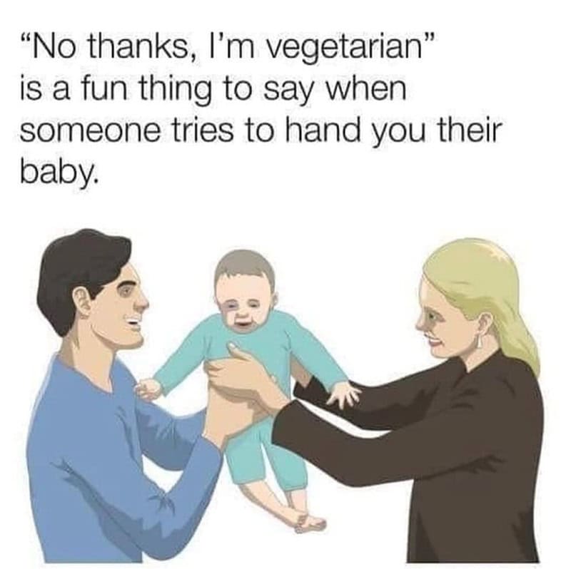 Cartoon of a man and woman holding a baby, with text about being vegetarian.