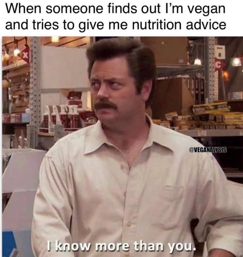 Man with mustache in a store, looking skeptical, with text about vegan nutrition advice.
