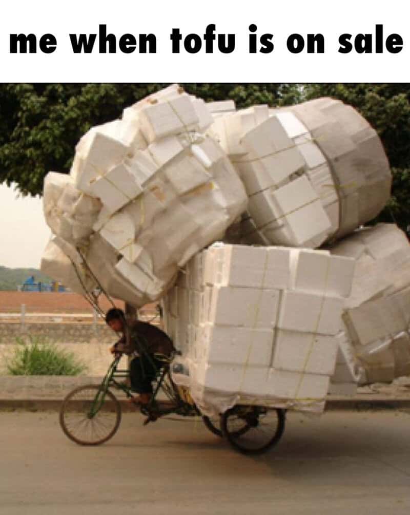 Me when tofu is on sale with a person riding a bike carrying large boxes of tofu.