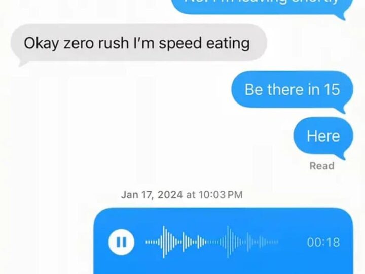Text message exchange about leaving and speed eating, with a voice note.