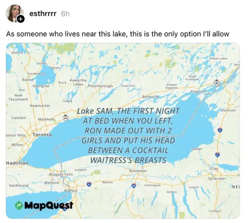 Map of Lake Ontario with humorous handwritten note about Lake Sam.