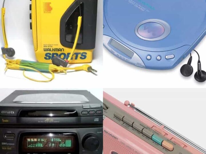 Retro electronics including Sony Walkman, Discman, boombox, and portable CD player.