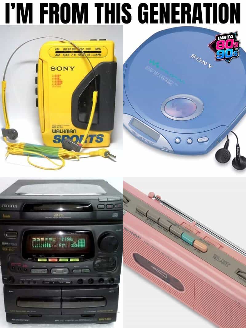 Retro electronics including Sony Walkman, Discman, boombox, and portable CD player.