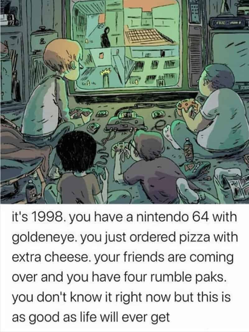 Children playing Nintendo 64 with pizza and rumble packs, 1998 scene.