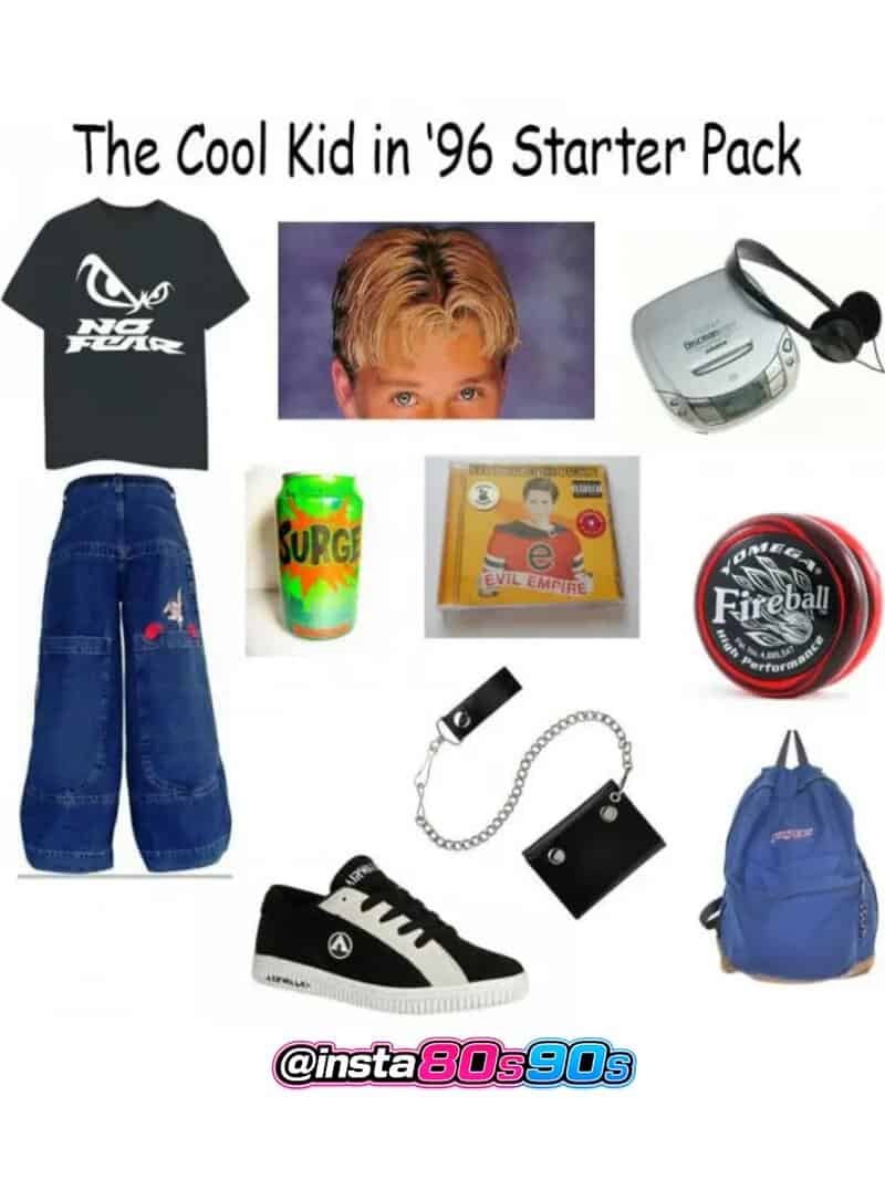 The Cool Kid in '96 Starter Pack includes a T-shirt, jeans, sneakers, and accessories.