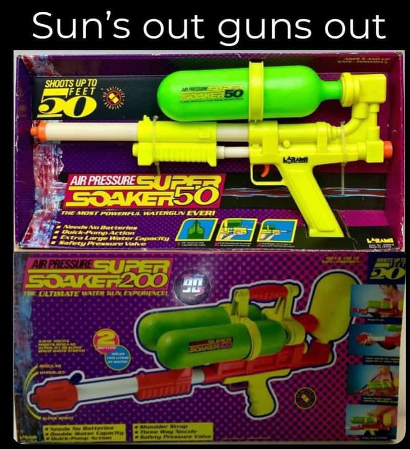 Colorful water guns with text about their shooting range and power.