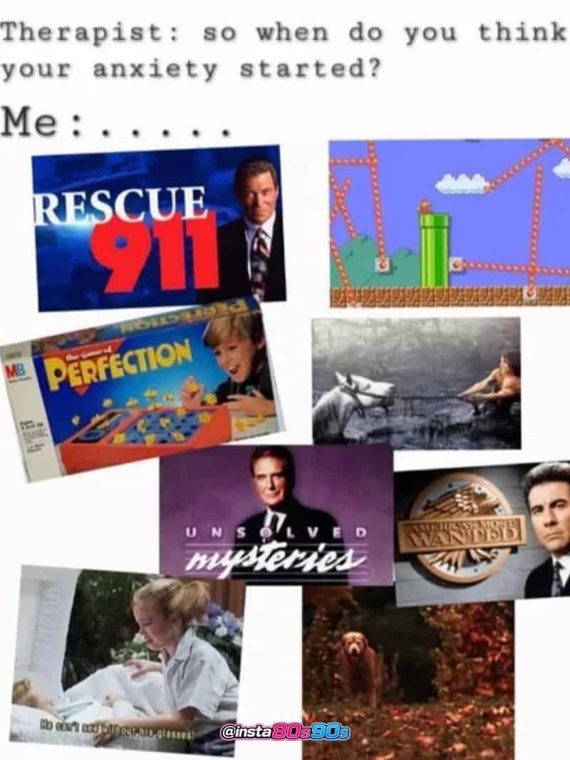 Nostalgia meme with 80s and 90s references, rescue 911, Perfection game, and more.