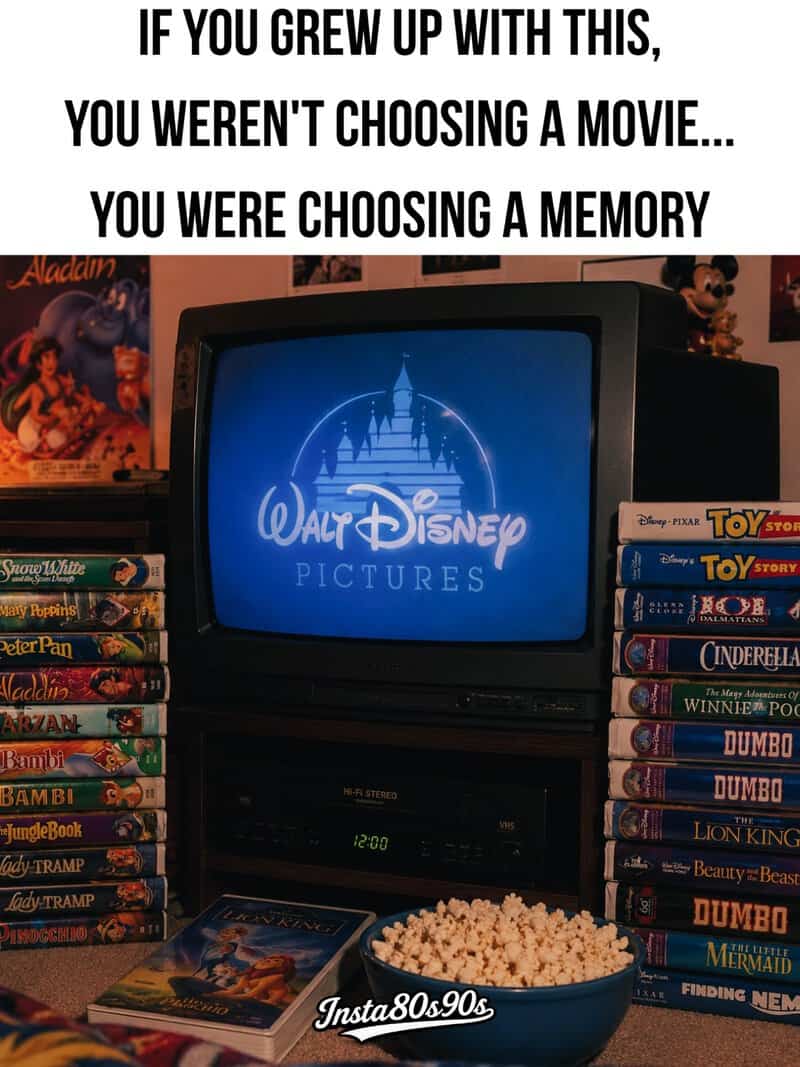 A vintage TV displaying Walt Disney Pictures logo, surrounded by classic Disney VHS tapes.