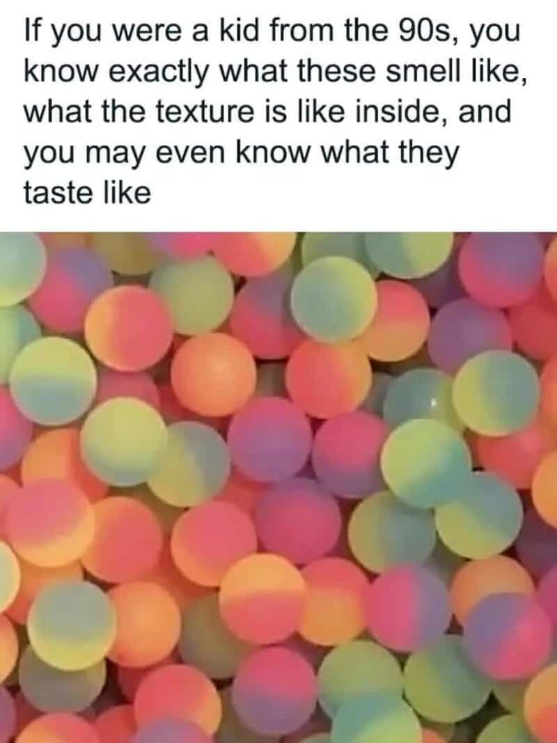 Colorful rubber balls with nostalgic 90s vibe and a caption about their smell and texture.