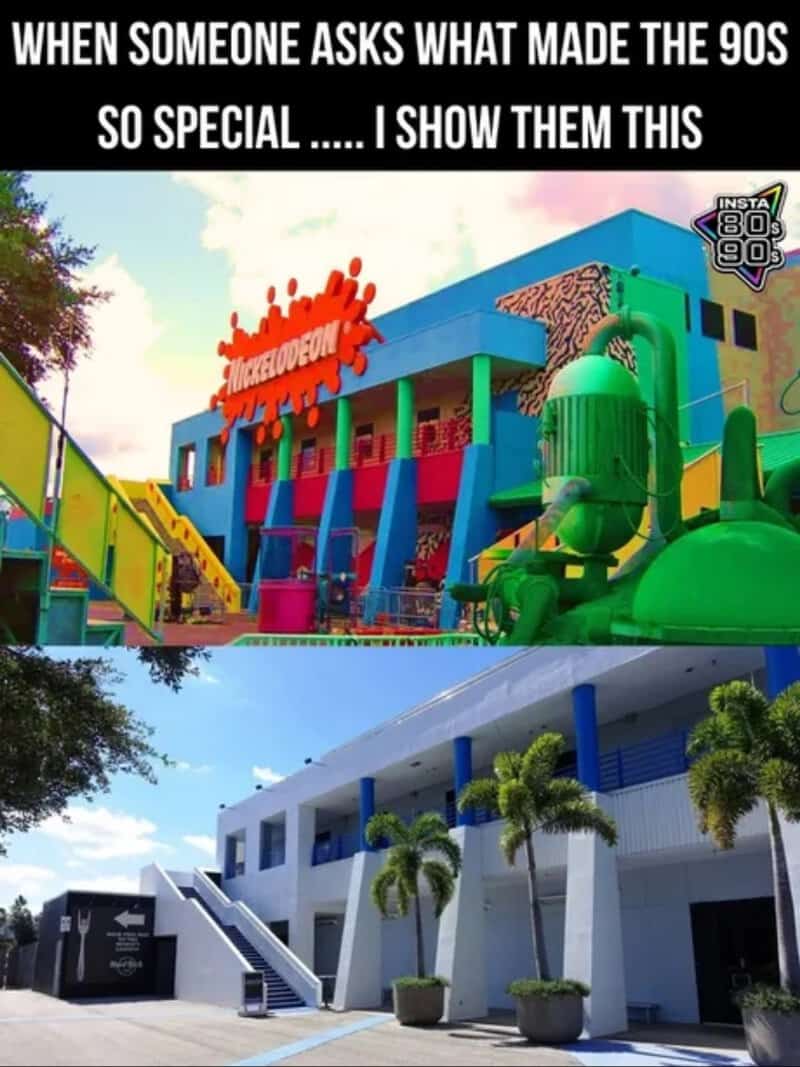 Colorful 90s-themed amusement park with vibrant buildings and water slides.