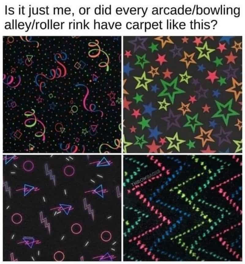 Colorful neon patterned carpets from arcade/bowling alley/roller rink floors.