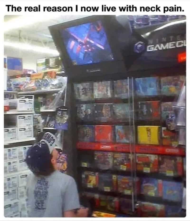 Child looking at video games in store with caption about neck pain.