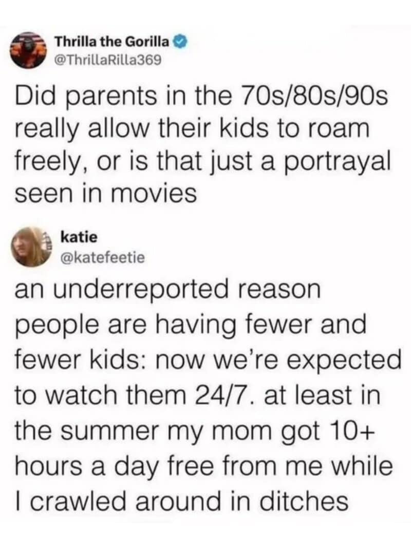 Parents in the 70s/80s/90s allowed kids to roam freely, unlike today.
