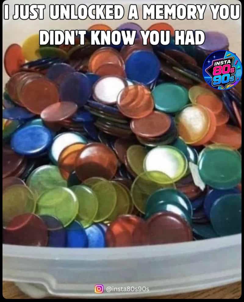 Colorful plastic bottle caps with meme text about childhood memories.