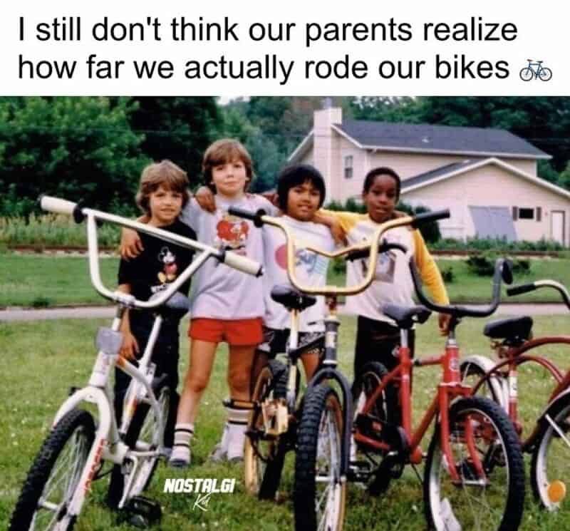 Four kids with bikes, caption about parents not realizing how far they rode.