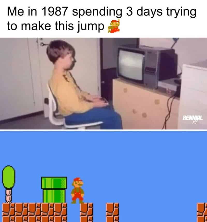 Child trying to jump over a green pipe in a video game, with a TV in the background.