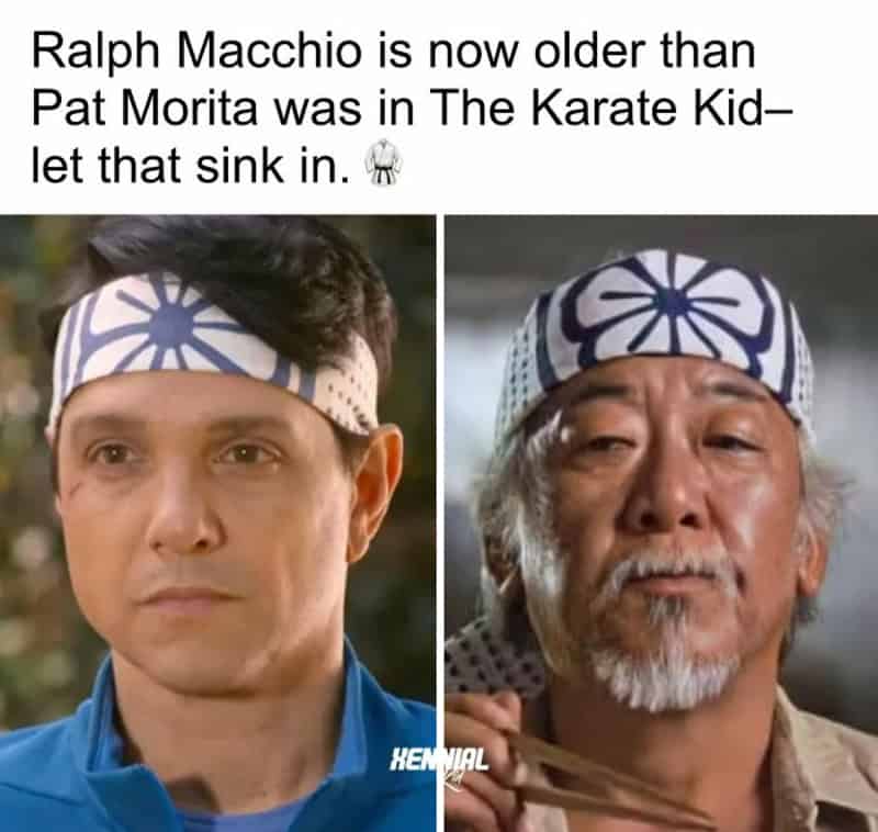 Ralph Macchio older than Pat Morita in The Karate Kid meme.
