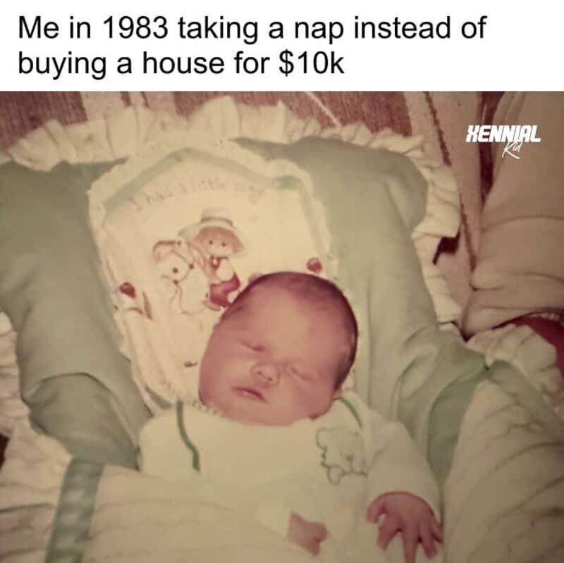 Baby sleeping in a crib with a cartoon pillow, caption about 1983 nap vs. $10 house.