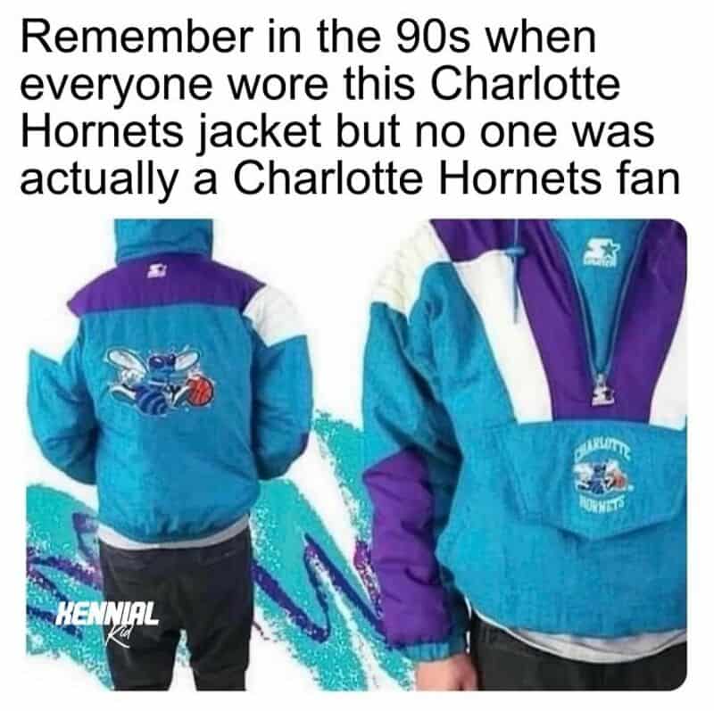 90s Charlotte Hornets jacket with no fans, shown from back and front.
