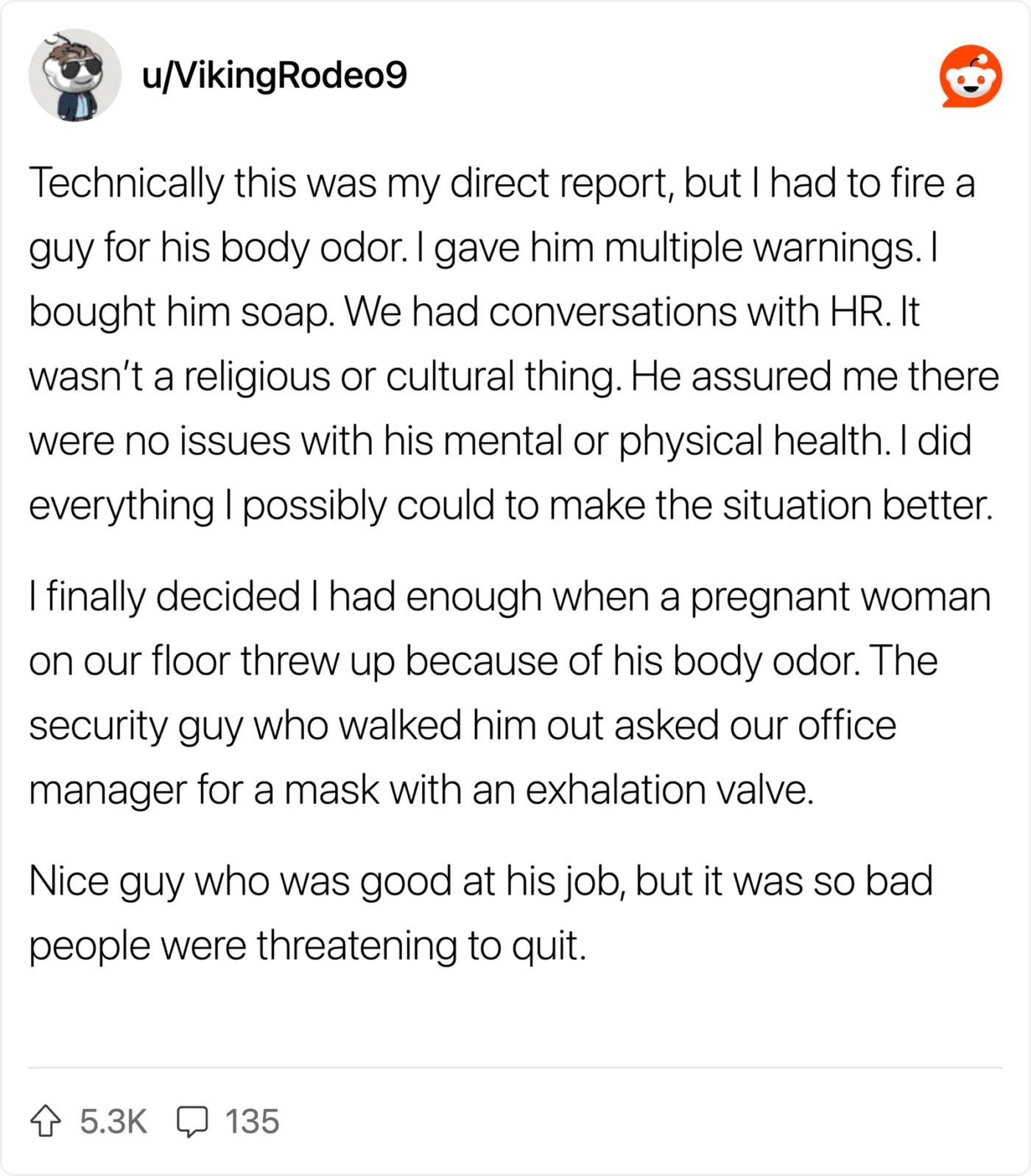 Employee fired for body odor, gave warnings, bought soap, and handled HR conversations.