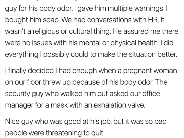 Employee fired for body odor, gave warnings, bought soap, and handled HR conversations.