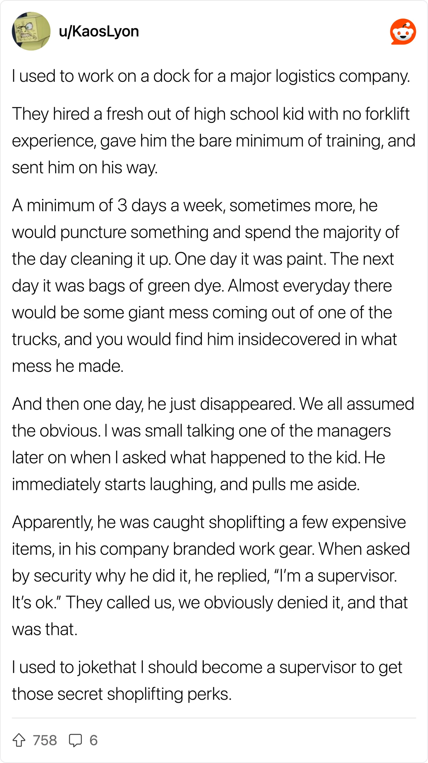 A humorous story about a logistics company's forklift operator and a kid.