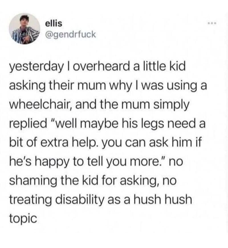 A social media post about a kid asking his mom why he was using a wheelchair.