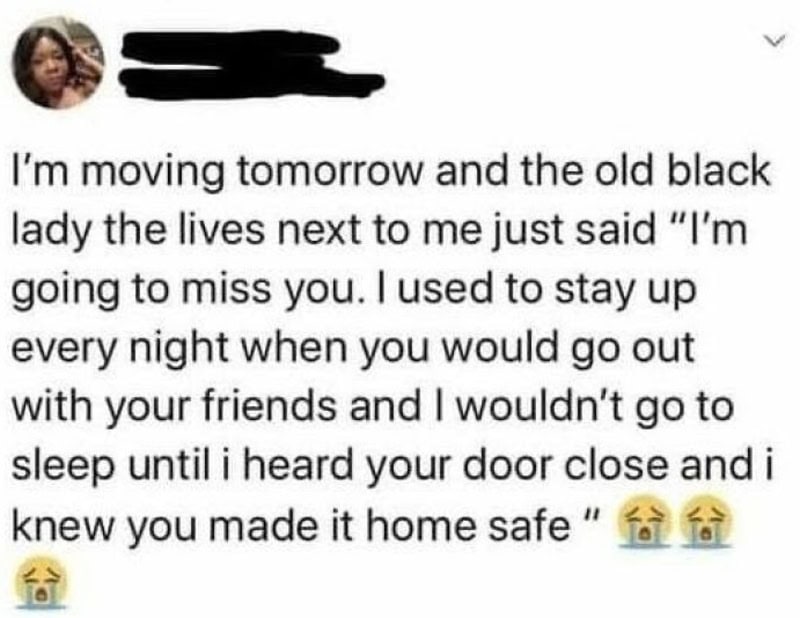 Text about moving, missing someone, and feeling safe at home with crying emojis.
