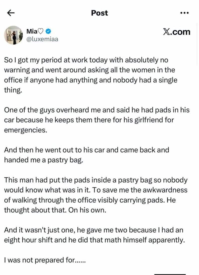 Woman shares story of a man giving her two pads and a pastry bag at work.