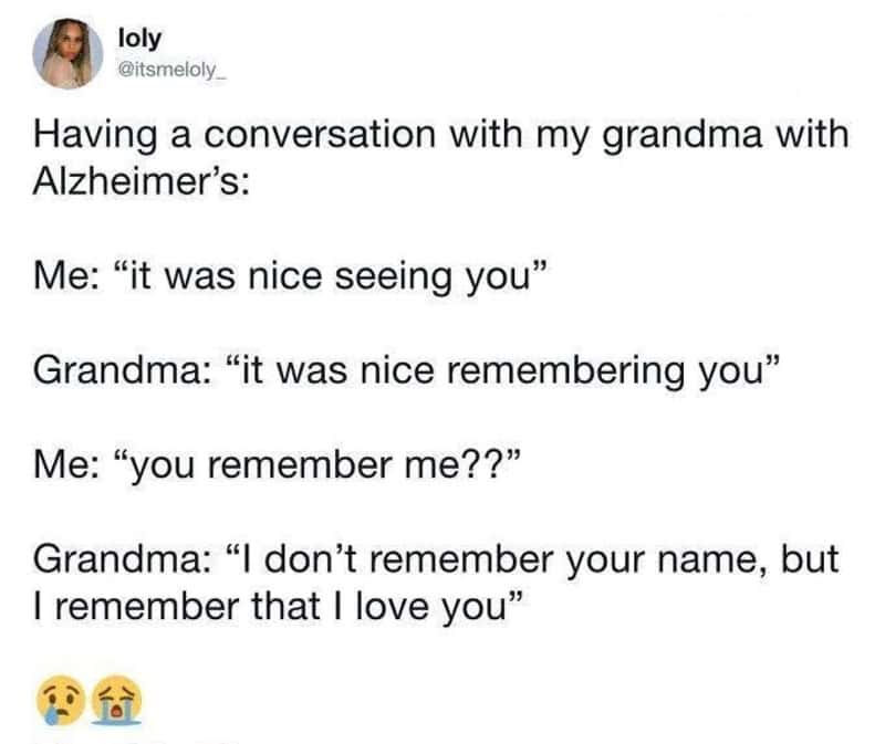 Conversation between granddaughter and grandma about Alzheimer's, with crying emojis.