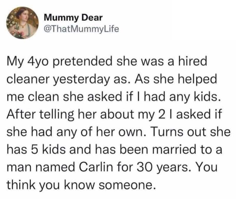 A social media post about a child's pretend play with a humorous story.
