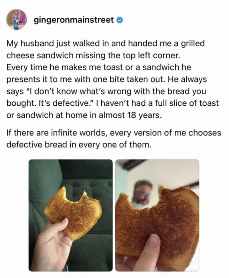 Hand holding a toasted bread with a bite taken out, missing the top left corner.