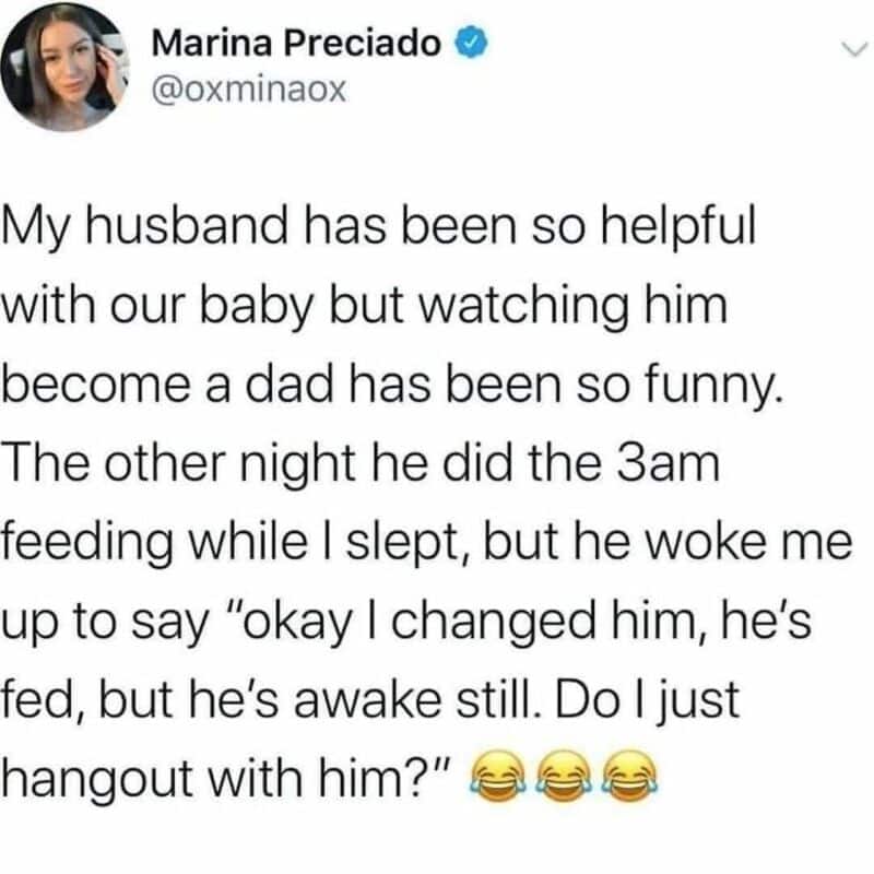 A tweet from Marina Preciado about her husband's helpfulness and funny behavior at night.