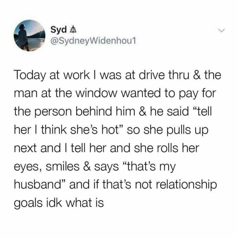 A tweet about a humorous interaction at a drive-thru involving a man, a woman, and a woman behind.