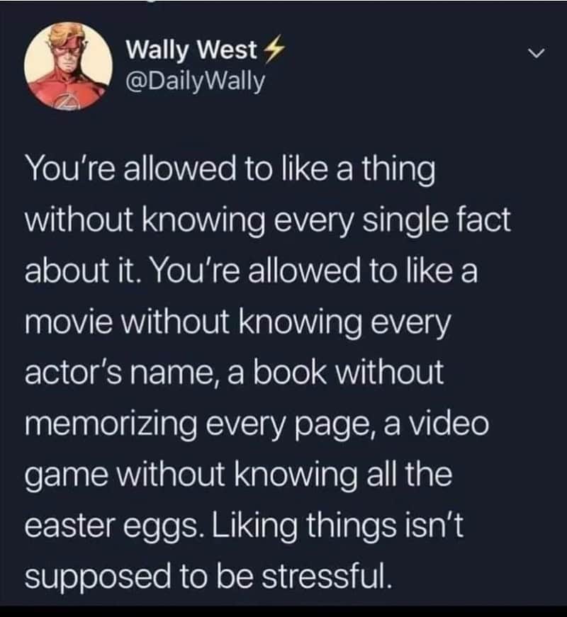Wally West's tweet about liking things without knowing facts or details.