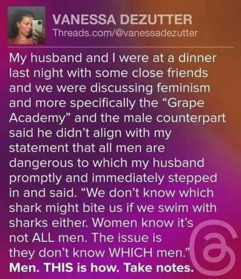 Vanessa Dezutter's post about feminism and men at dinner.