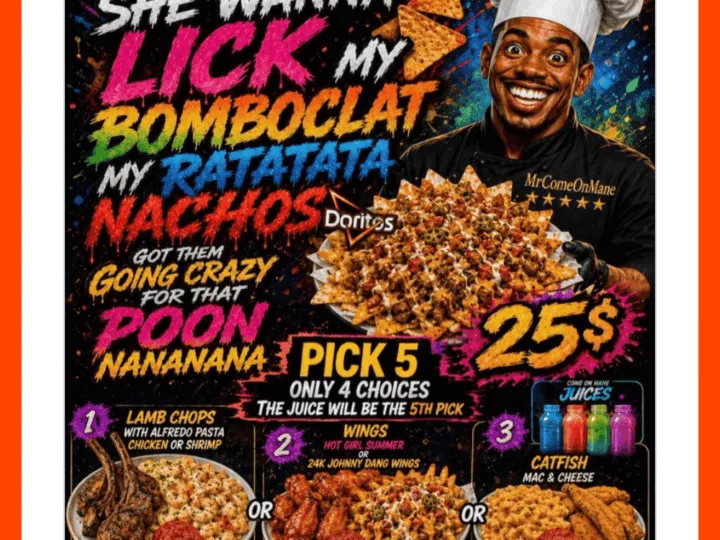 Colorful food menu with various dishes and prices, featuring a smiling chef.