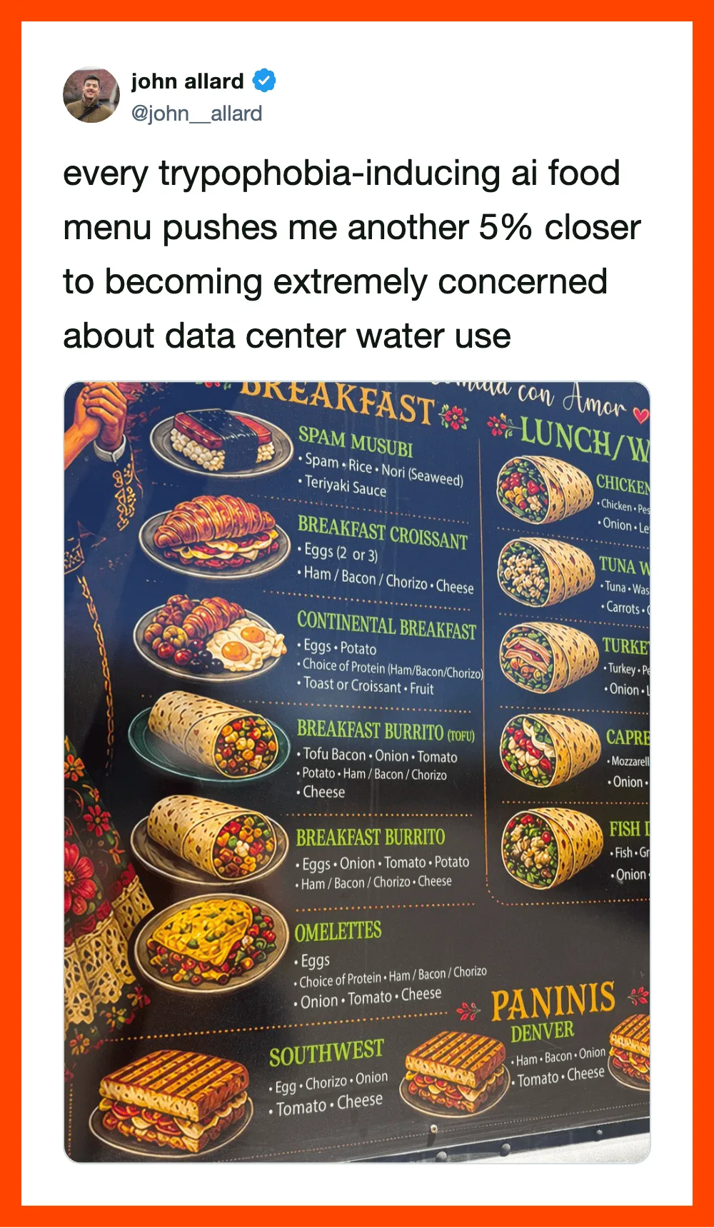 AI food menu with various breakfast options and prices, including eggs, bacon, and sandwiches.