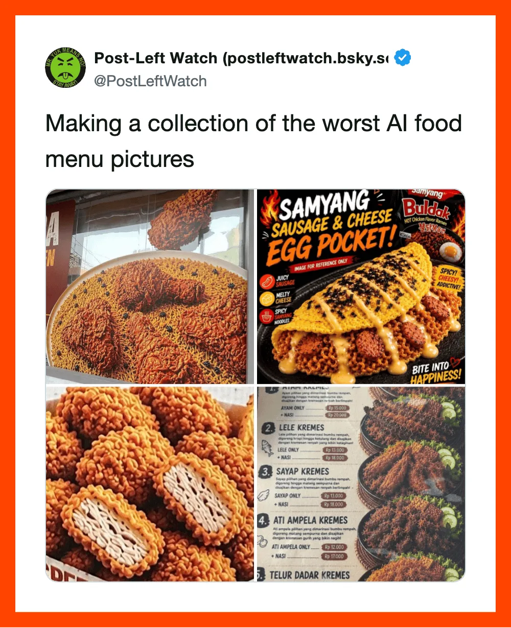 Collection of AI food menu pictures, including fried chicken and sausage egg pocket.