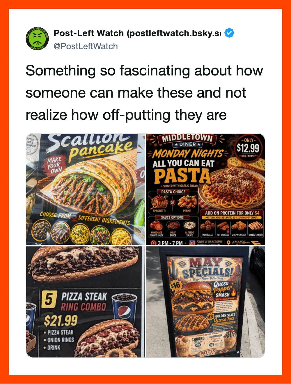 Screenshots of AI-generated food advertisements for pancakes, pasta, pizza, and burgers.