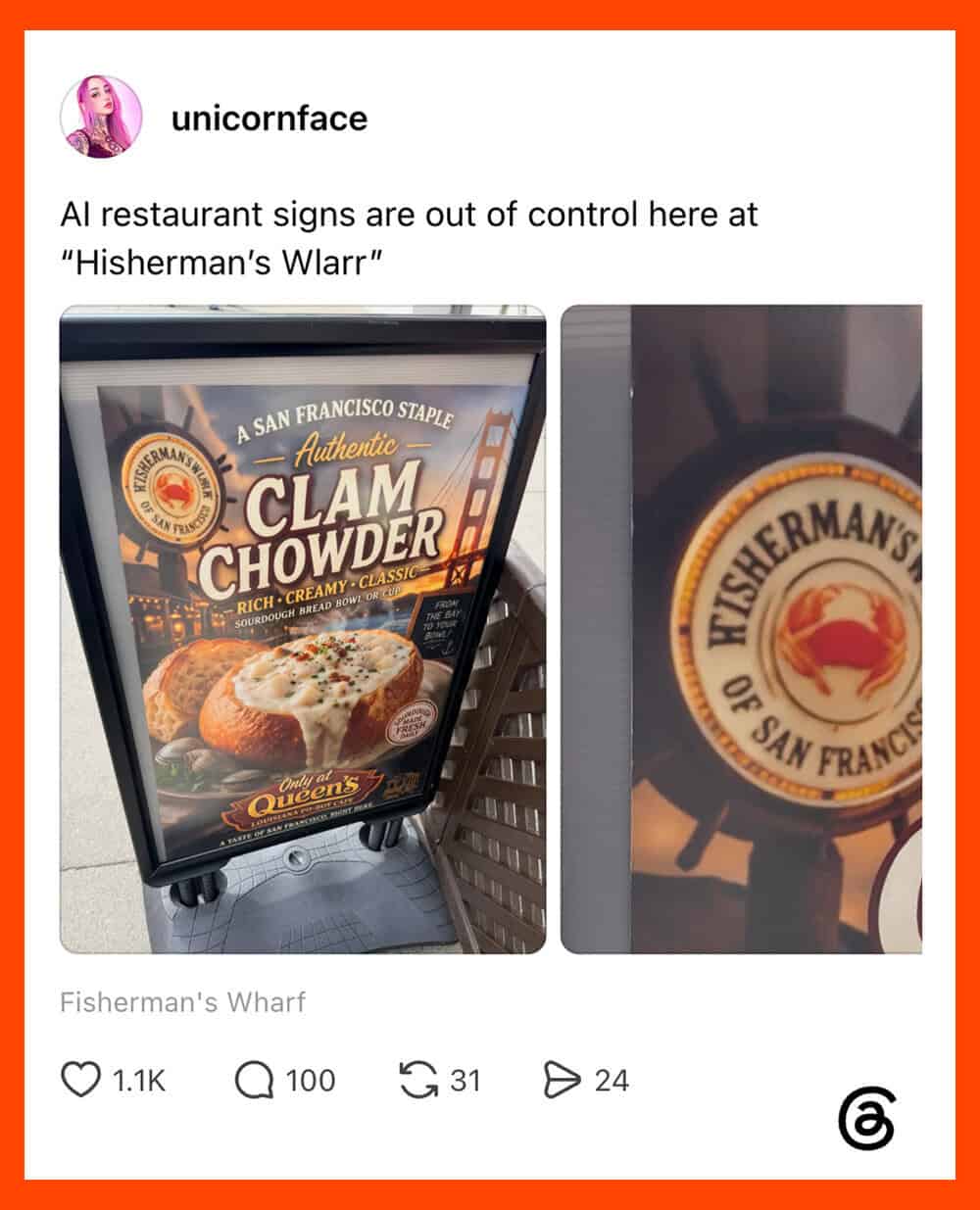 AI restaurant sign at Fisherman's Wharf advertising clam chowder.